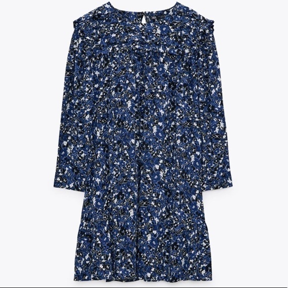 NWT ZARA Blue Floral Long Sleeve Ruffle Hem Mini Dress Size S - Picture 3 of 15